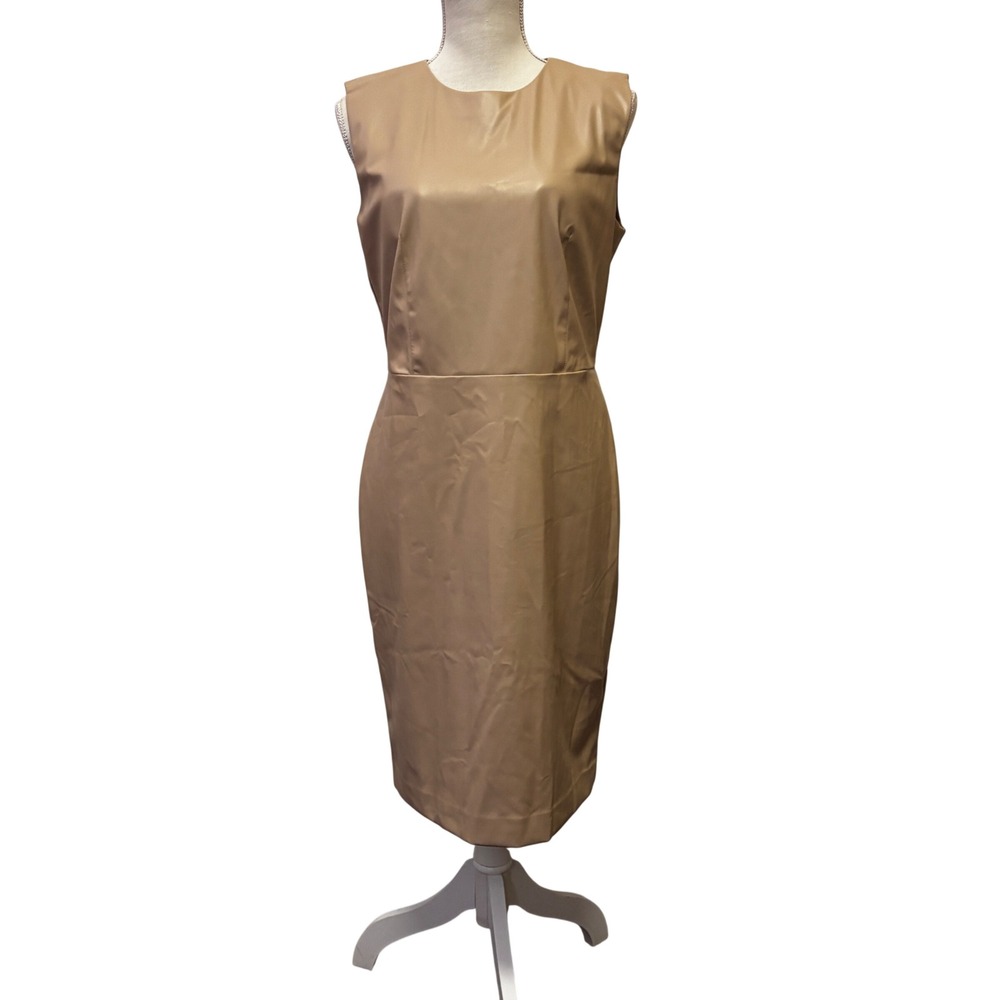 Ann Taylor Sheath Dress Womens 10P Beige Faux Leather Mixed Media Sleeveless